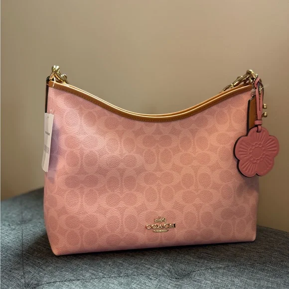Coach Laurel Powder Pink Signature Shoulder Bag with Floral Charm - Picture 2 of 8